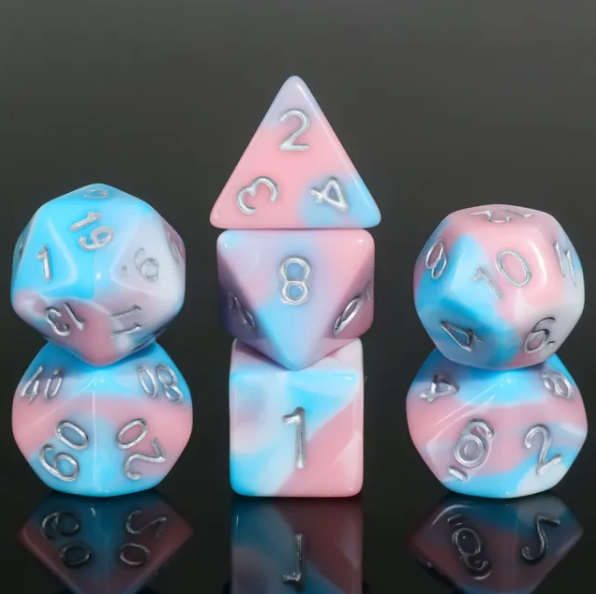 Cotton Candy 7pc Dice Set inked in Silver